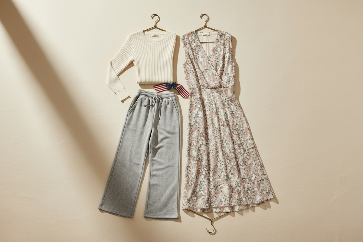 Flat lay of a knit top, floral dress, and lounge pants with a small American flag ribbon accent