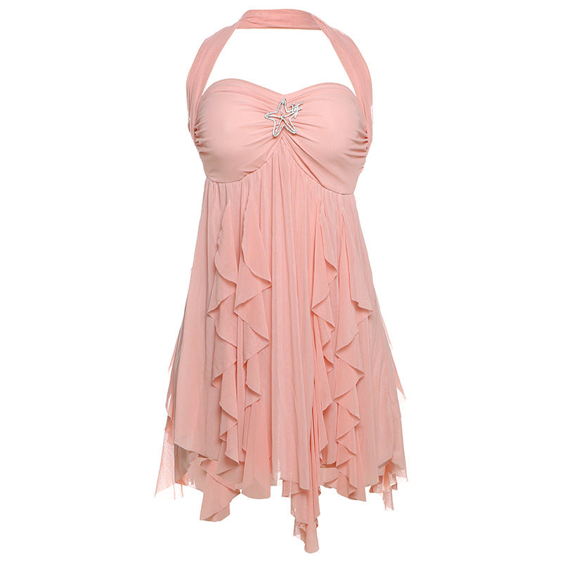 Ins Halter Neck Backless Dress Summer Sexy Printed Irregular Mesh Short Dresses For Evening Party Club Women's Clothing - GT Elegance