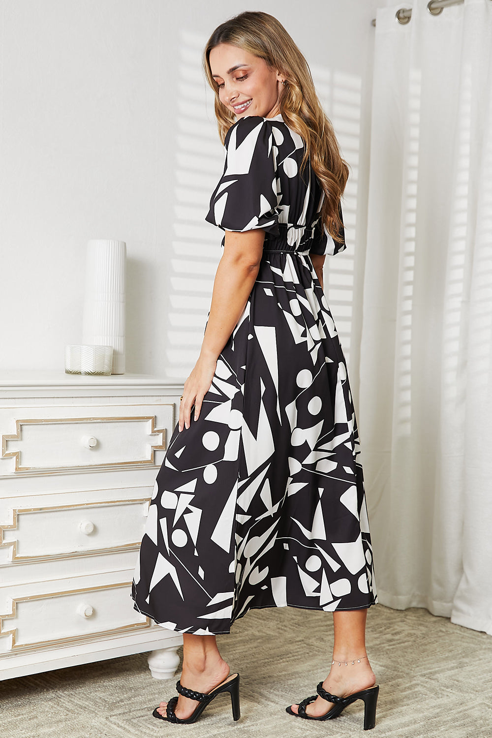 Printed Surplice Balloon Sleeve Dress - GT Elegance