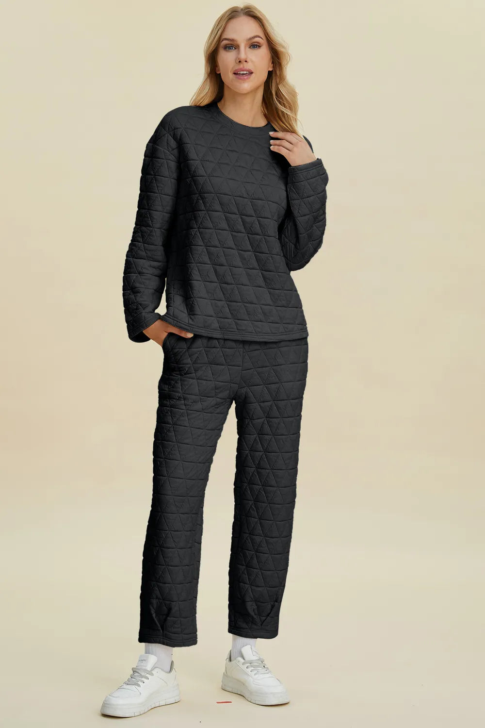 Textured Round Neck Long Sleeve Top and Pants Set - GT Elegance