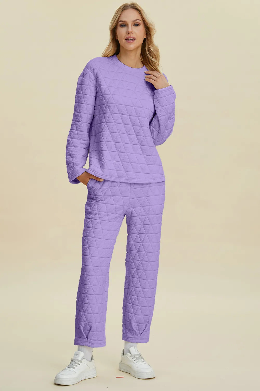 Textured Round Neck Long Sleeve Top and Pants Set - GT Elegance