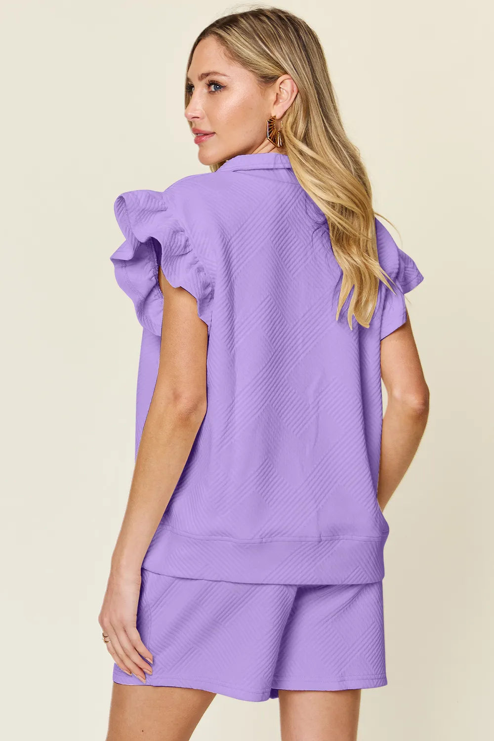 Flounce Sleeve Top and Drawstring Shorts Set - GT Elegance