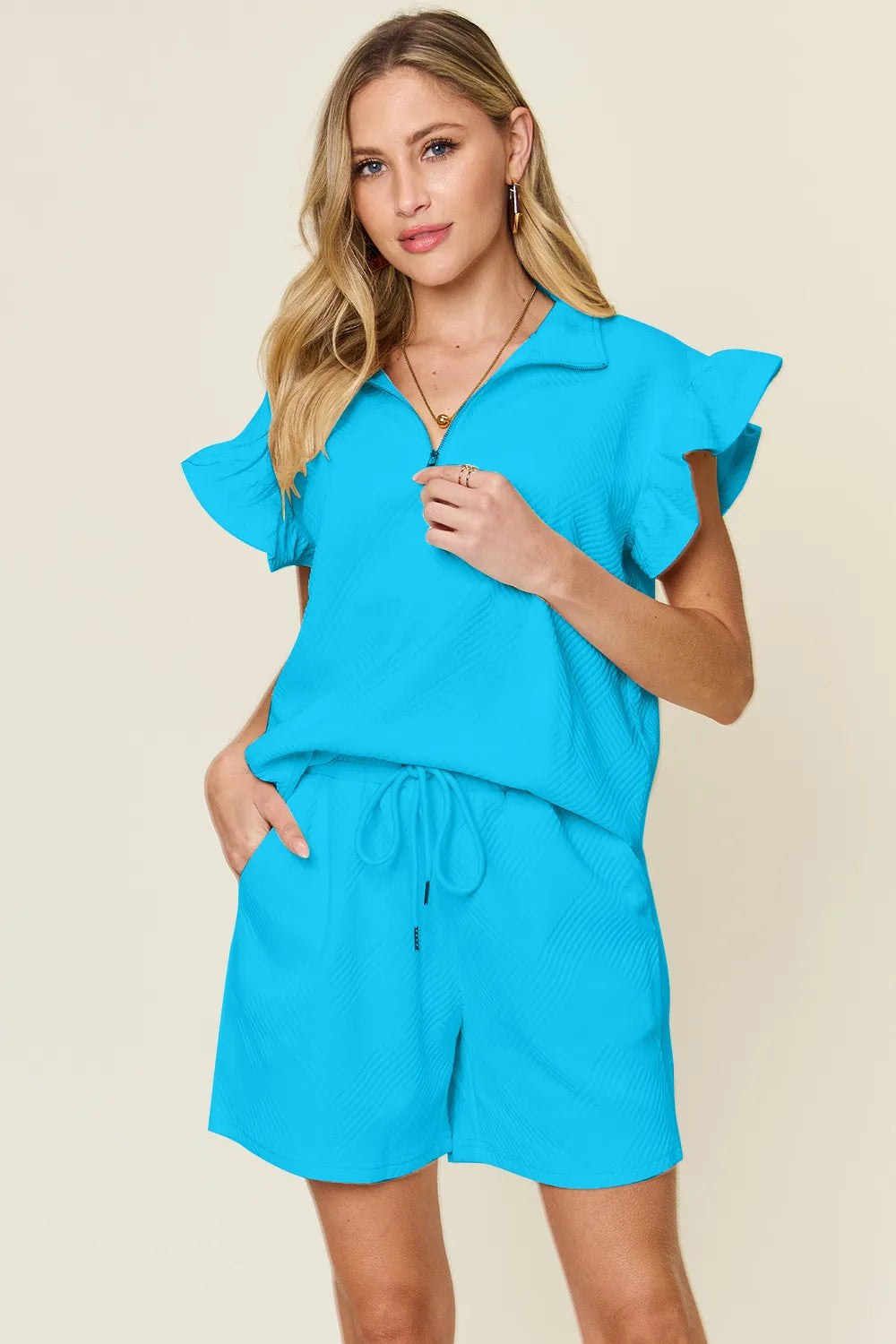 Flounce Sleeve Top and Drawstring Shorts Set - GT Elegance