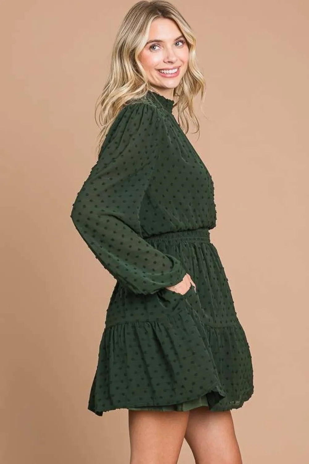 Swiss Dot Smock Neck Mini Dress with Pockets - GT Elegance