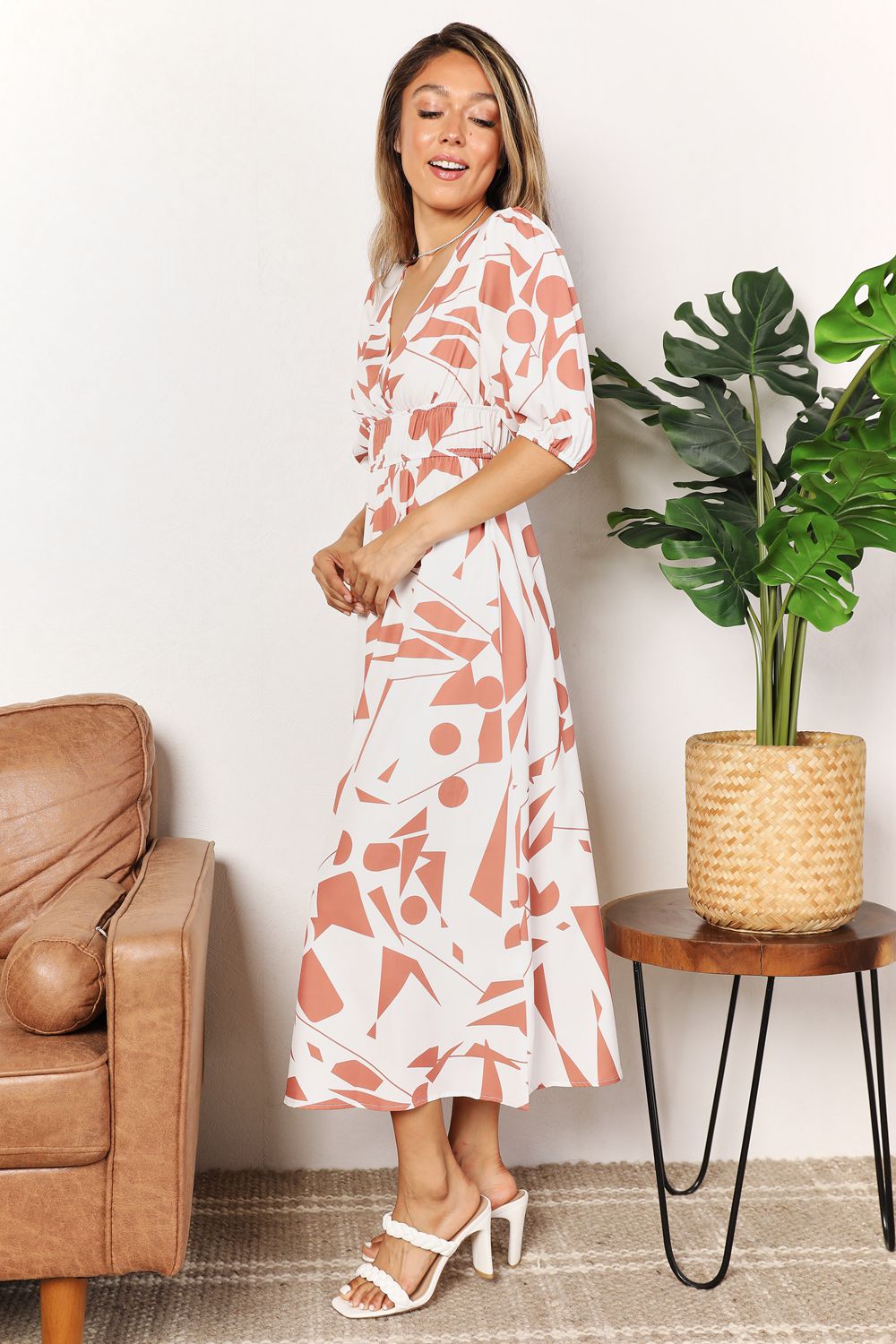 Printed Surplice Balloon Sleeve Dress - GT Elegance