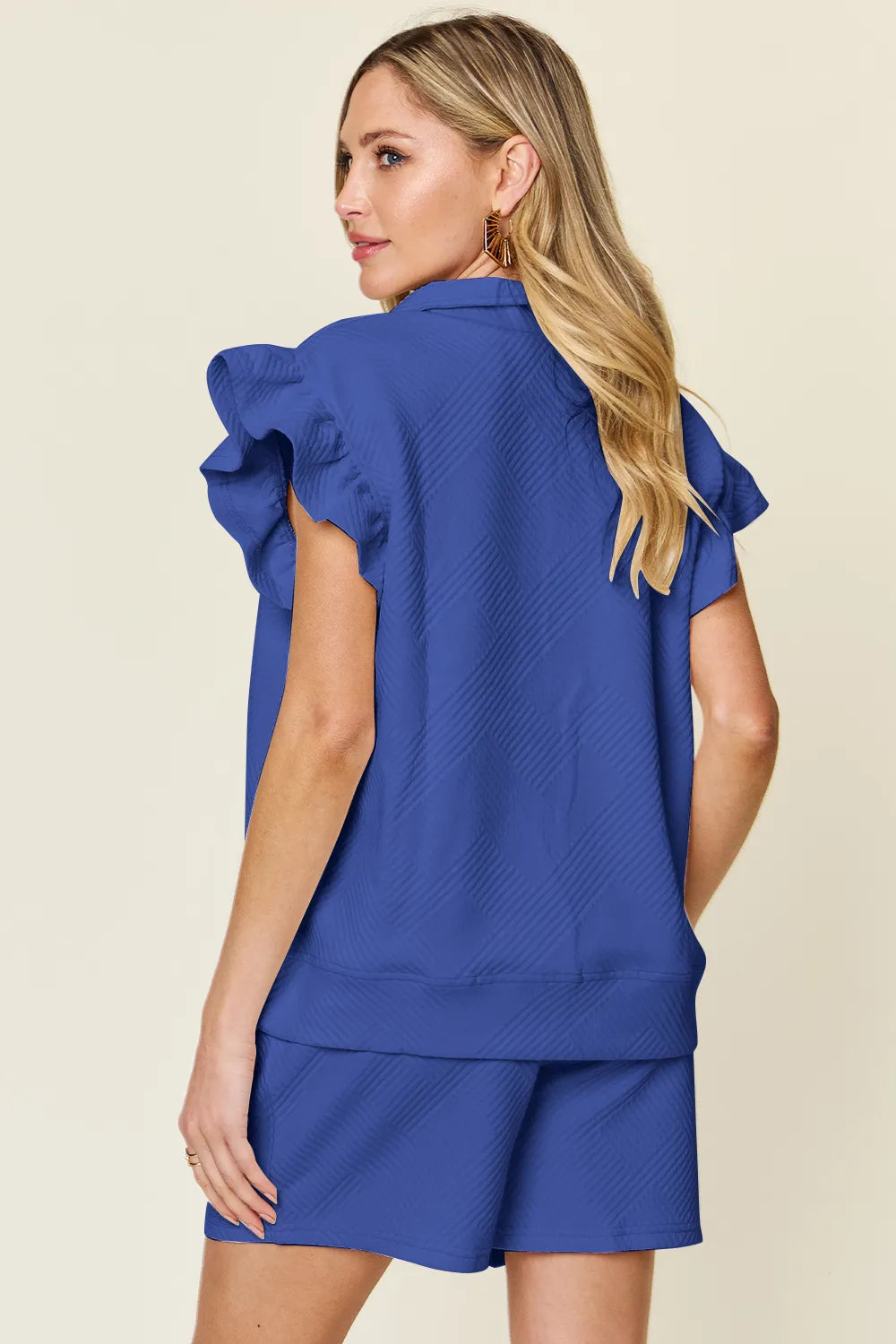 Flounce Sleeve Top and Drawstring Shorts Set - GT Elegance