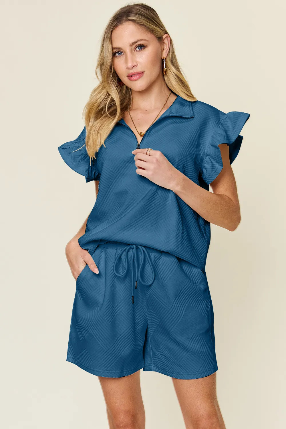 Flounce Sleeve Top and Drawstring Shorts Set - GT Elegance