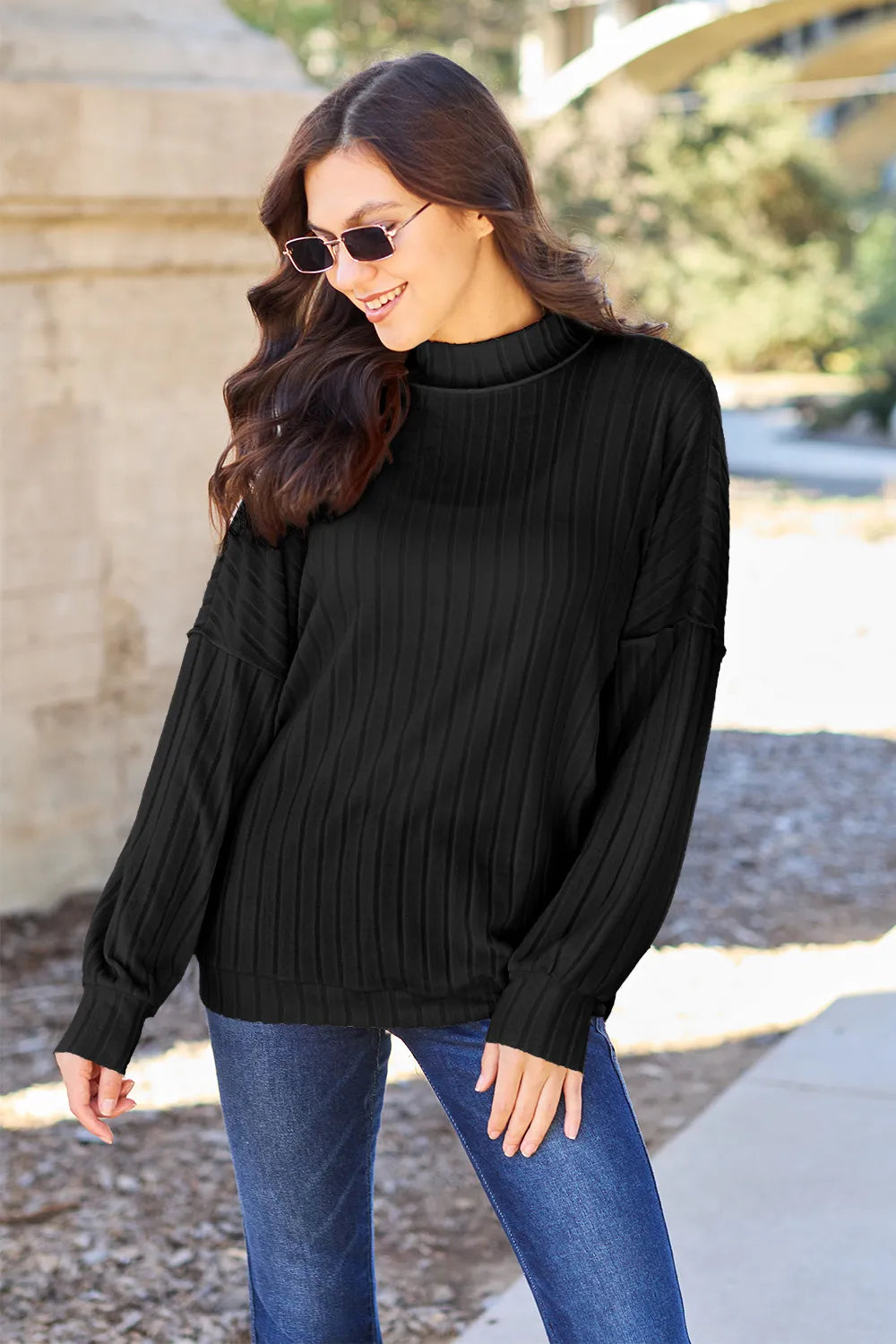 Basic Bae Full Size Ribbed Exposed Seam Mock Neck Knit Top - GT Elegance