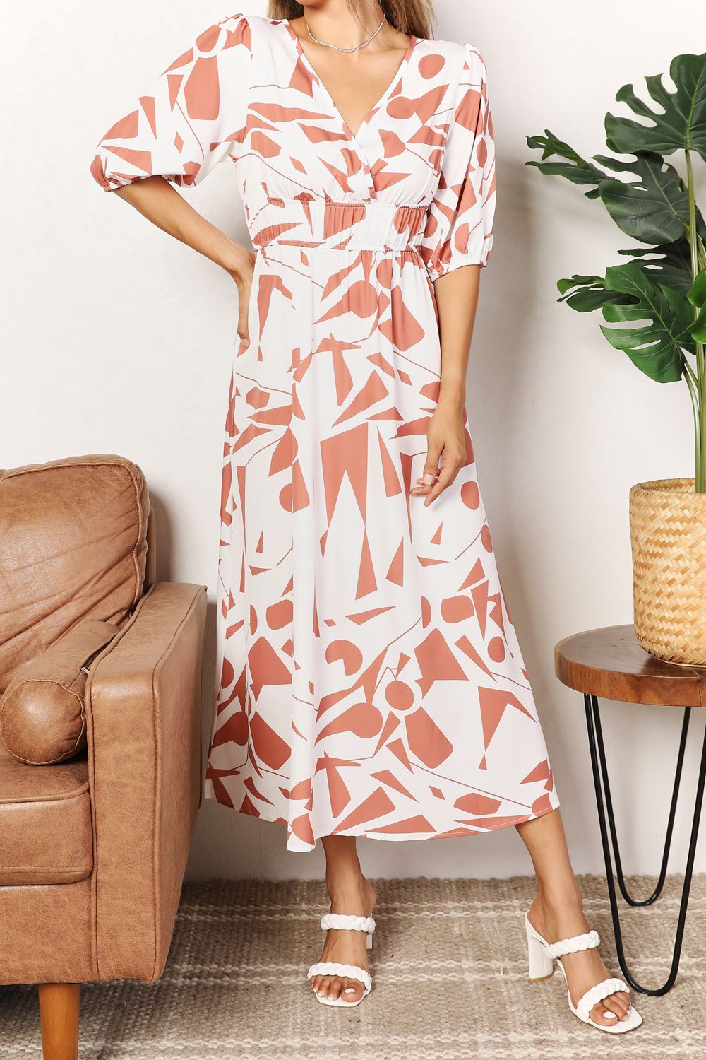 Printed Surplice Balloon Sleeve Dress - GT Elegance
