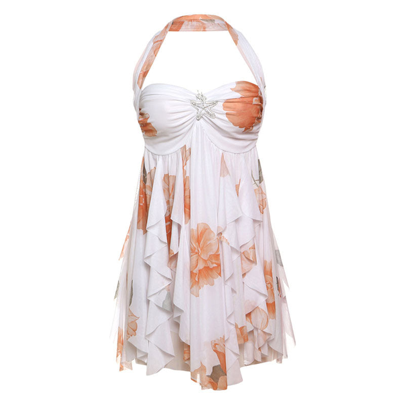 Ins Halter Neck Backless Dress Summer Sexy Printed Irregular Mesh Short Dresses For Evening Party Club Women's Clothing - GT Elegance
