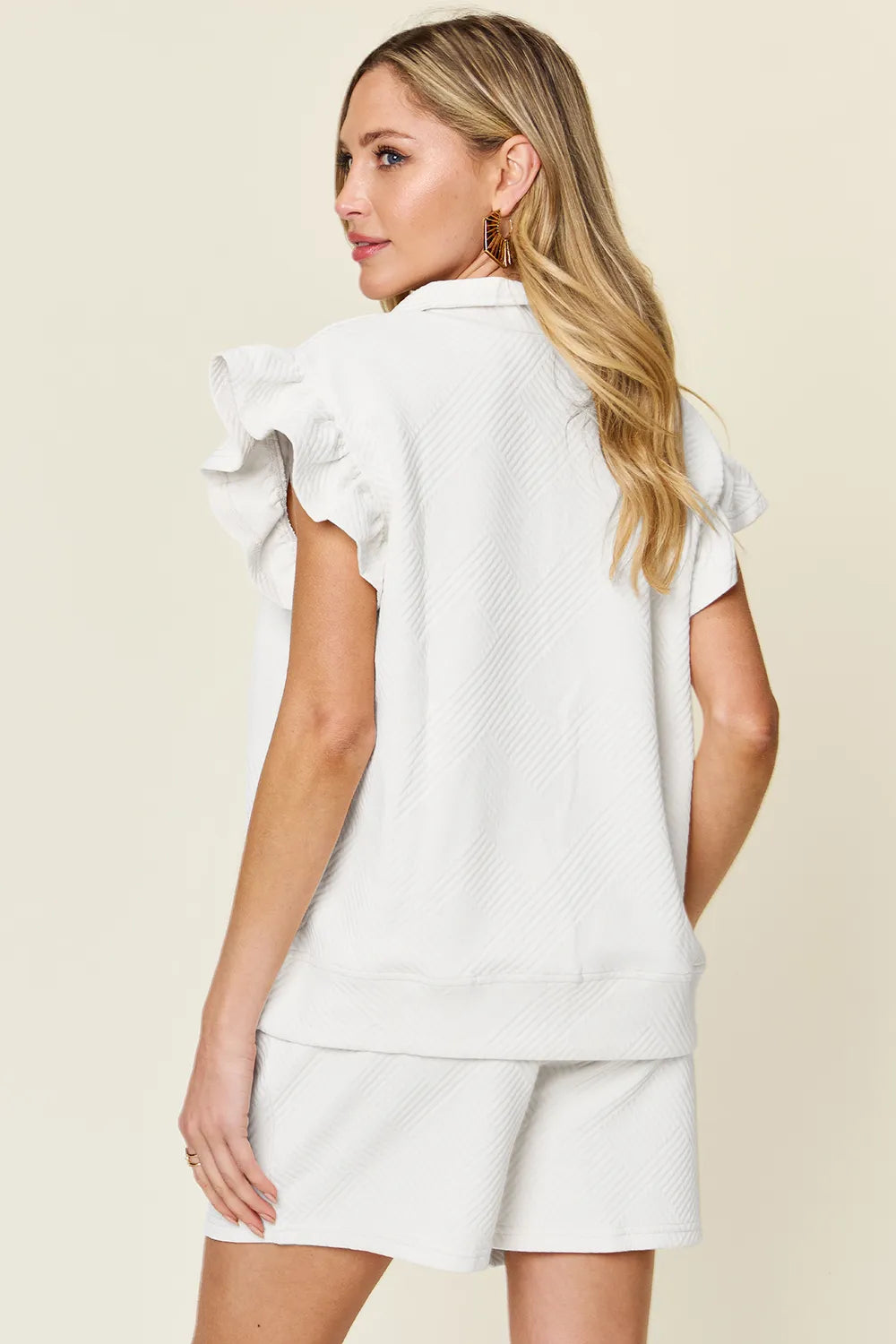 Flounce Sleeve Top and Drawstring Shorts Set - GT Elegance