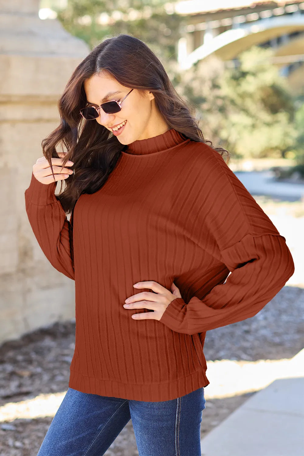 Basic Bae Full Size Ribbed Exposed Seam Mock Neck Knit Top - GT Elegance