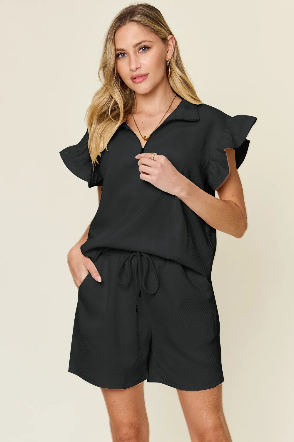Flounce Sleeve Top and Drawstring Shorts Set - GT Elegance
