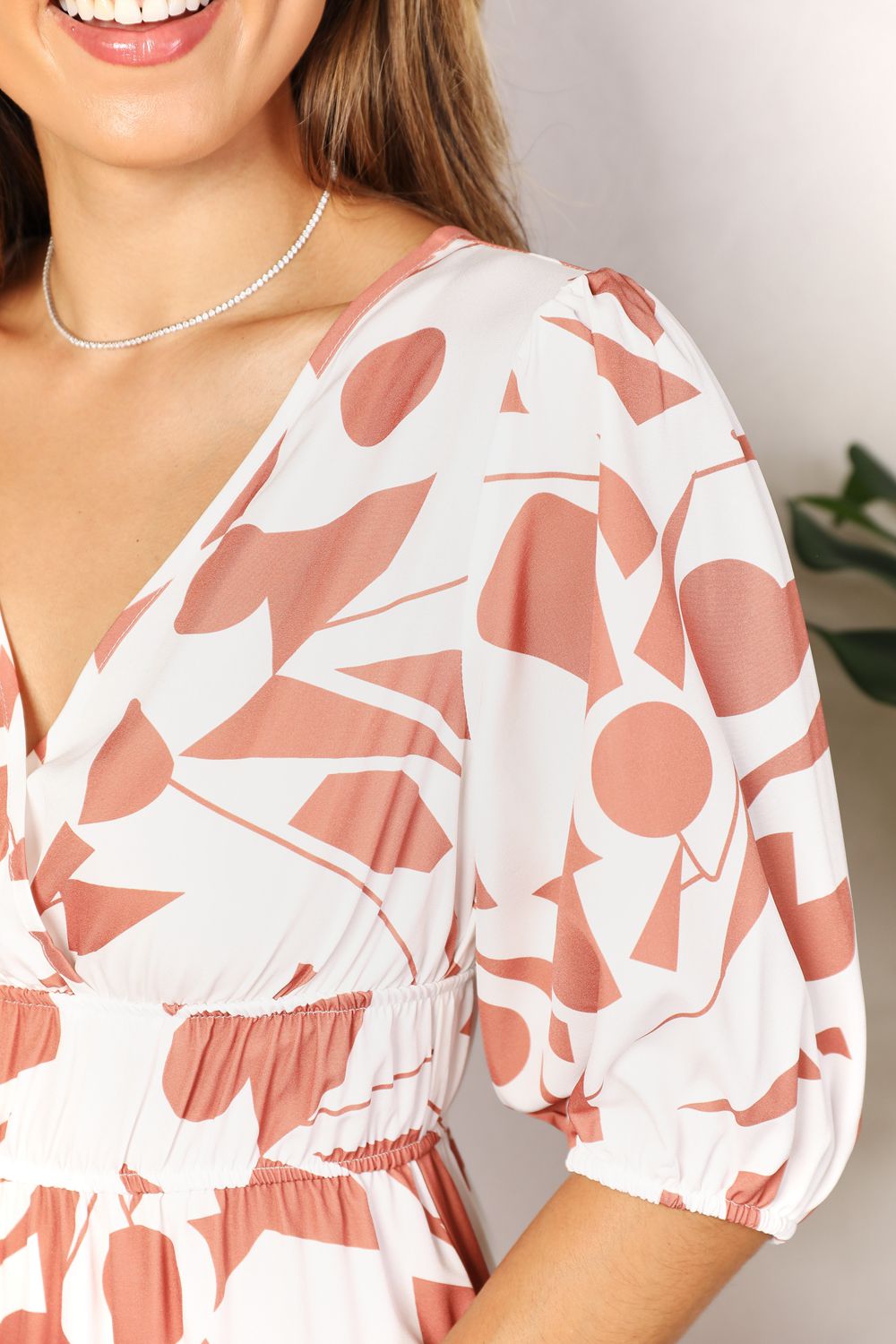 Printed Surplice Balloon Sleeve Dress - GT Elegance