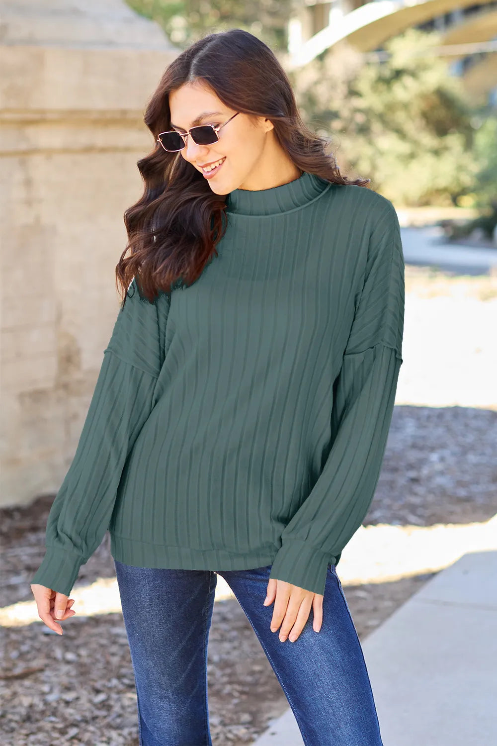 Basic Bae Full Size Ribbed Exposed Seam Mock Neck Knit Top - GT Elegance
