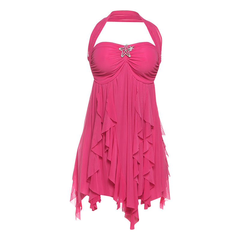 Ins Halter Neck Backless Dress Summer Sexy Printed Irregular Mesh Short Dresses For Evening Party Club Women's Clothing - GT Elegance