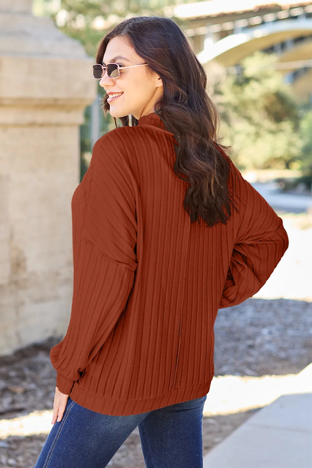 Basic Bae Full Size Ribbed Exposed Seam Mock Neck Knit Top - GT Elegance