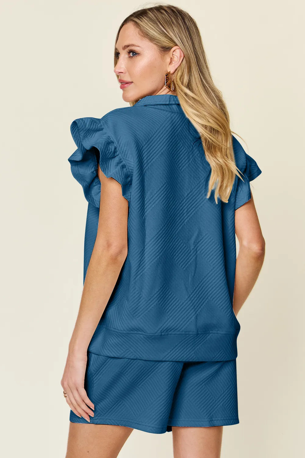 Flounce Sleeve Top and Drawstring Shorts Set - GT Elegance