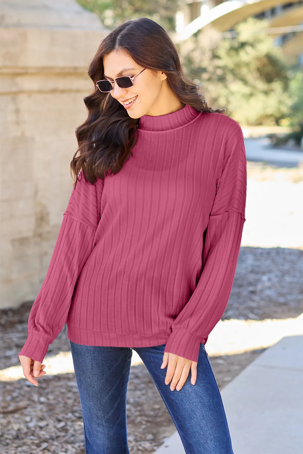 Basic Bae Full Size Ribbed Exposed Seam Mock Neck Knit Top - GT Elegance