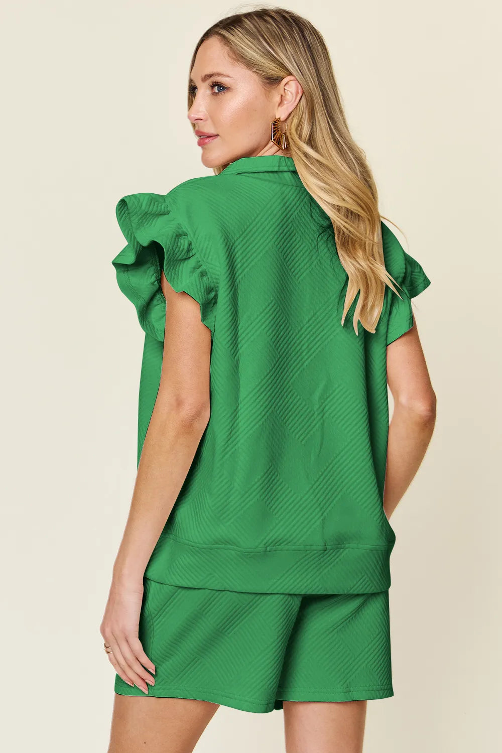 Flounce Sleeve Top and Drawstring Shorts Set - GT Elegance