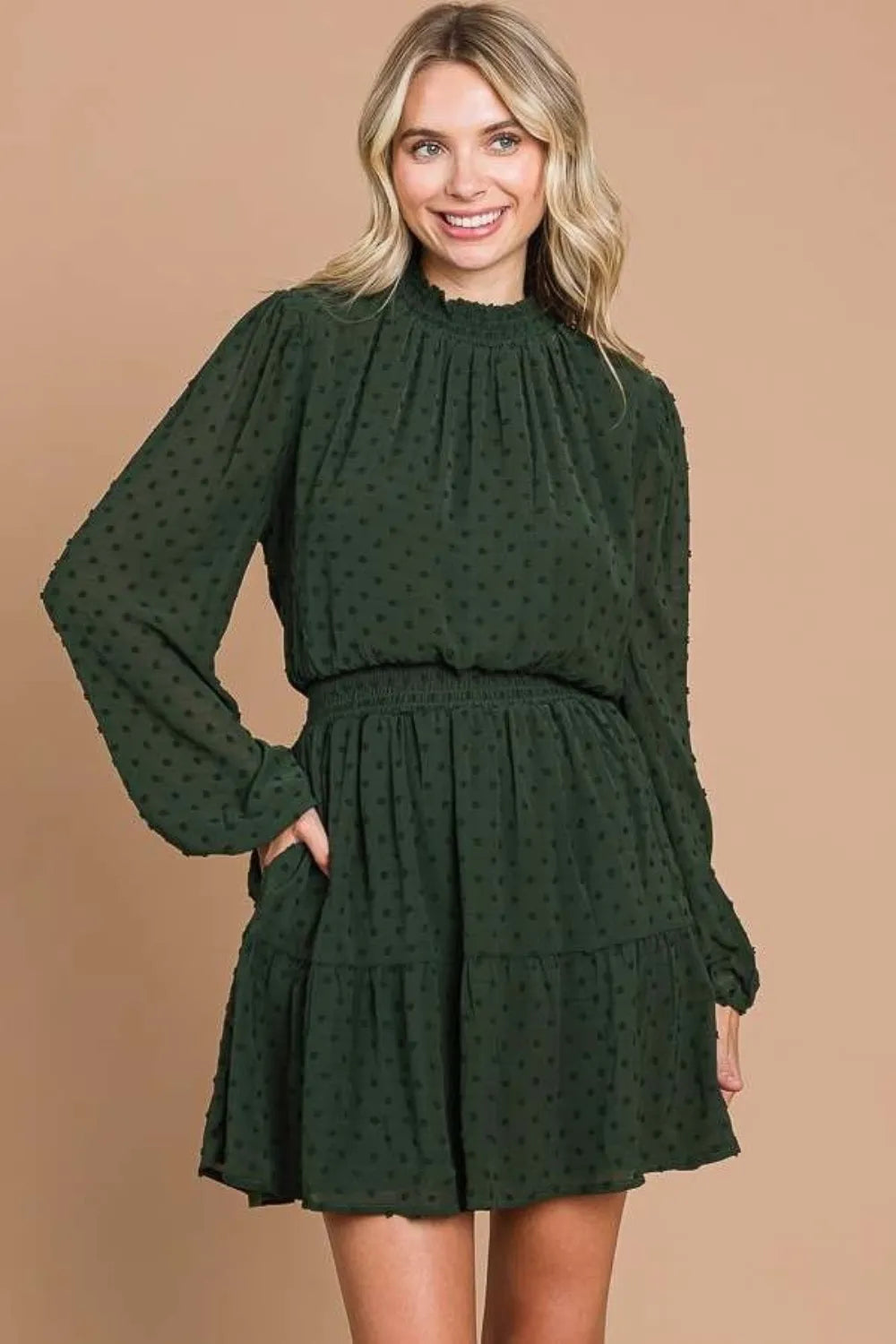 Swiss Dot Smock Neck Mini Dress with Pockets - GT Elegance