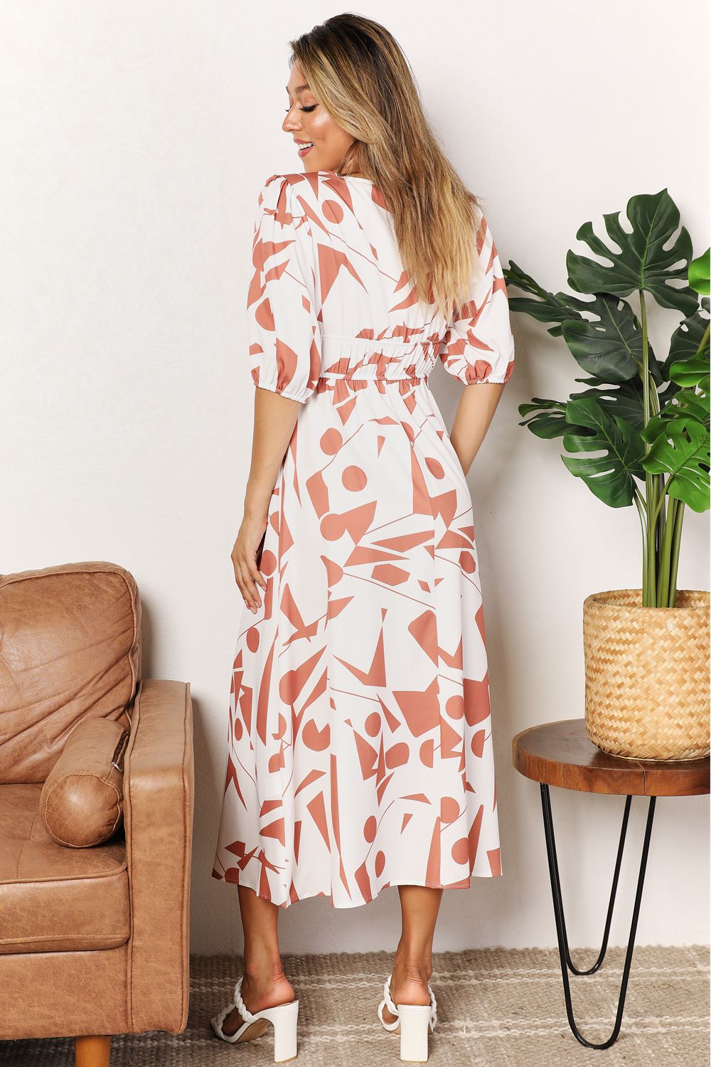 Printed Surplice Balloon Sleeve Dress - GT Elegance