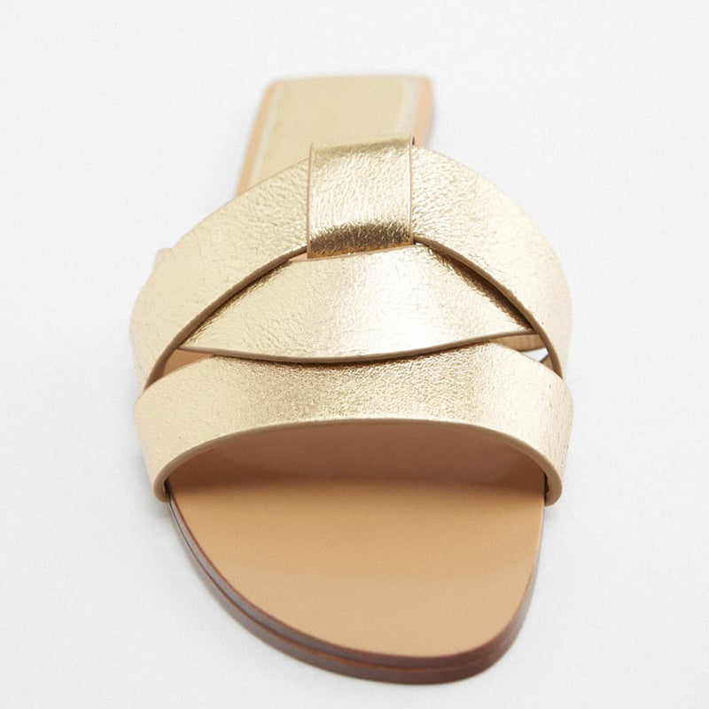 Casual Women's Gold Open Toe Leather Flat Sandals