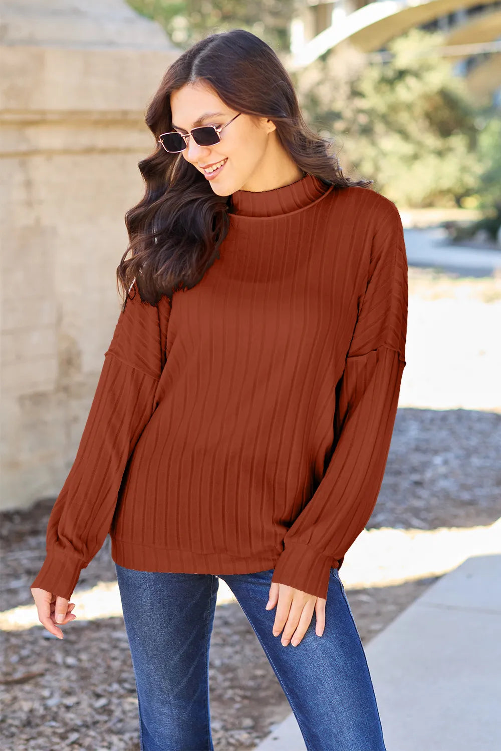 Basic Bae Full Size Ribbed Exposed Seam Mock Neck Knit Top - GT Elegance