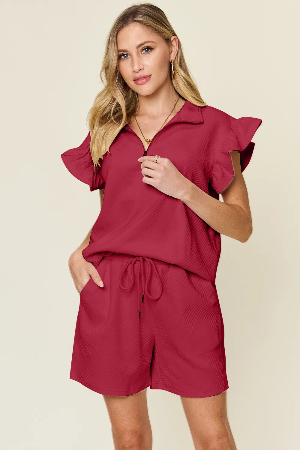 Flounce Sleeve Top and Drawstring Shorts Set - GT Elegance