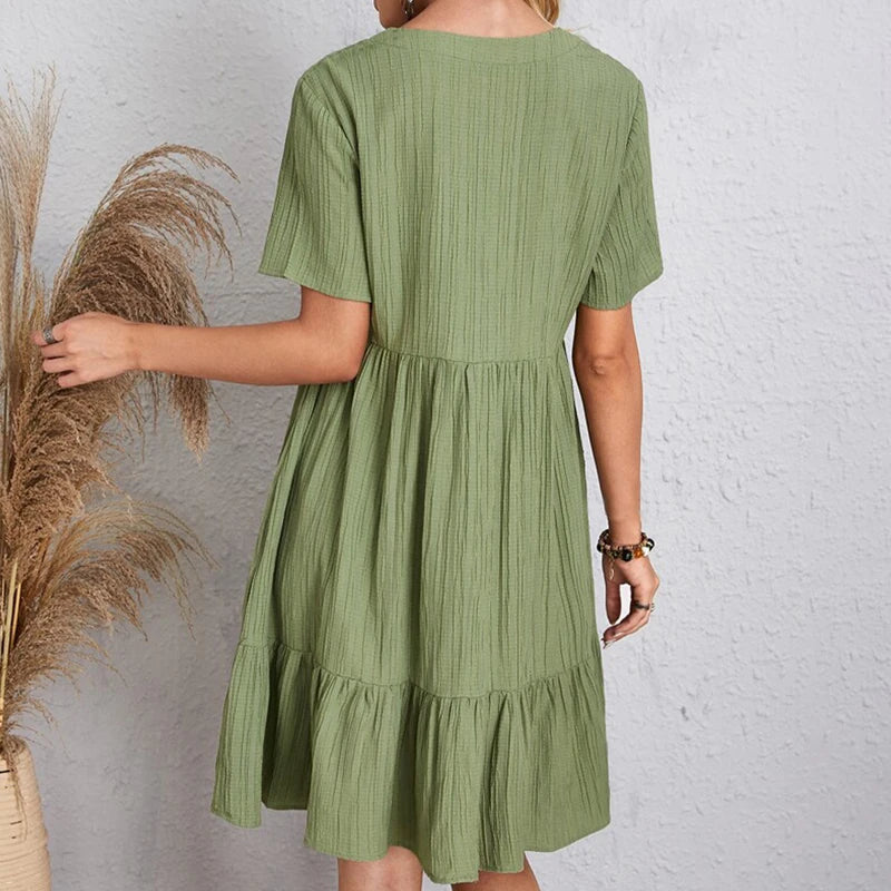 Summer Solid Dress Women Casual Bohemian v Neck Short Sleeve Ruffles Loose a Line Mini Dress Elegant Beach Party Vestidos Street
