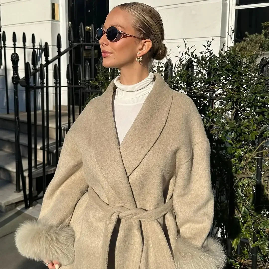 Retro Black Fur Patchwork Woolen Coat Women Chic Full Sleeve V-neck Lace Up Loose Overcoat 2025 Lady Winter Commute Outerwear