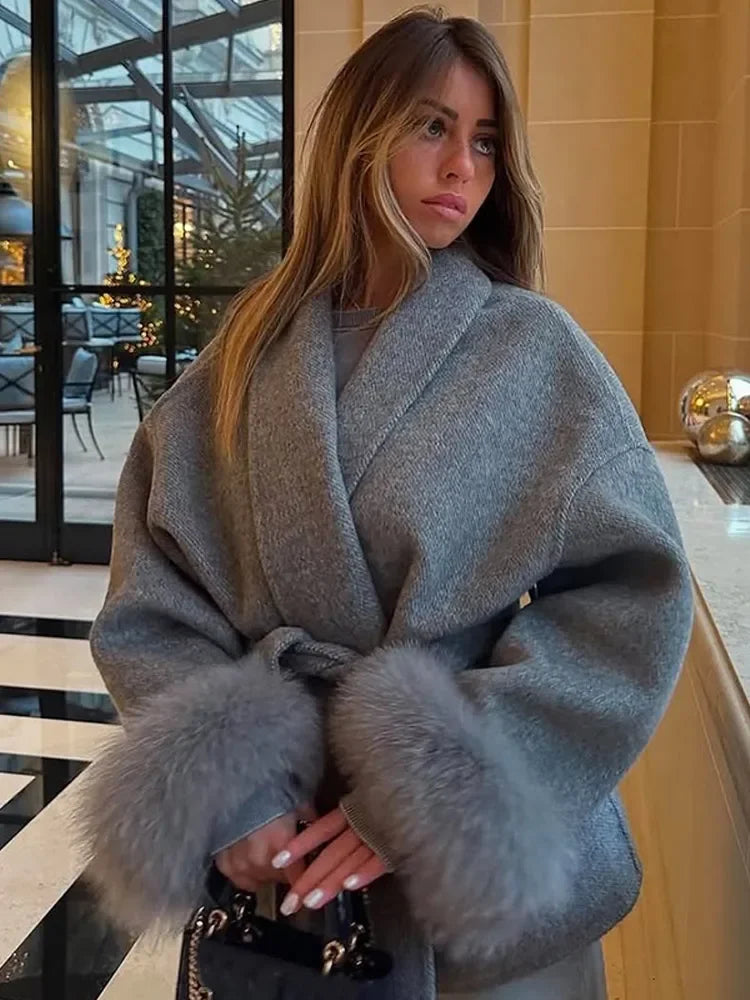 Retro Black Fur Patchwork Woolen Coat Women Chic Full Sleeve V-neck Lace Up Loose Overcoat 2025 Lady Winter Commute Outerwear