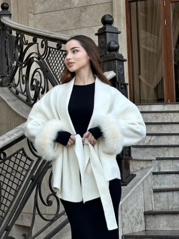 Retro Black Fur Patchwork Woolen Coat Women Chic Full Sleeve V-neck Lace Up Loose Overcoat 2025 Lady Winter Commute Outerwear
