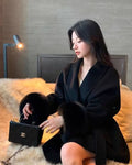 Retro Black Fur Patchwork Woolen Coat Women Chic Full Sleeve V-neck Lace Up Loose Overcoat 2025 Lady Winter Commute Outerwear