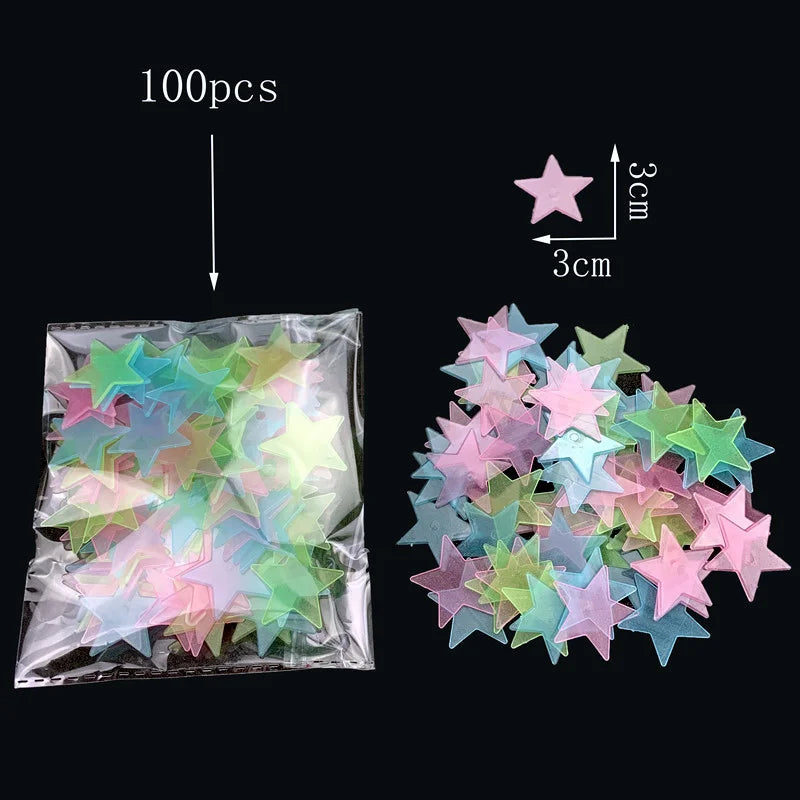100pcs Glow in The Dark Luminous Stars Fluorescent Noctilucent Plastic Stars Wall Stickers Glowing Stars Decals for Home Art Decor Nursery Ceiling Kids Babys Bedroom Room Multicolor