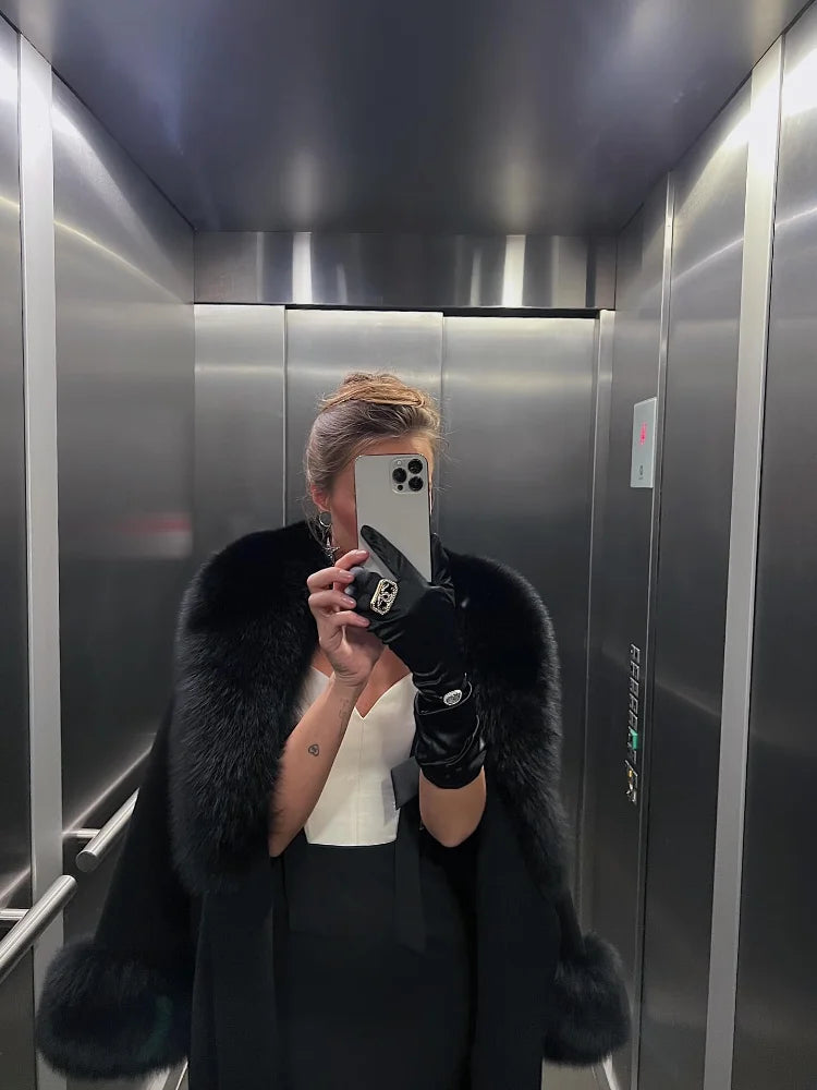 Retro Black Fur Patchwork Woolen Coat Women Chic Full Sleeve V-neck Lace Up Loose Overcoat 2025 Lady Winter Commute Outerwear