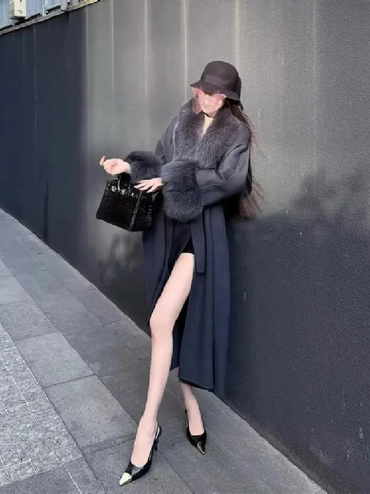 Retro Black Fur Patchwork Woolen Coat Women Chic Full Sleeve V-neck Lace Up Loose Overcoat 2025 Lady Winter Commute Outerwear