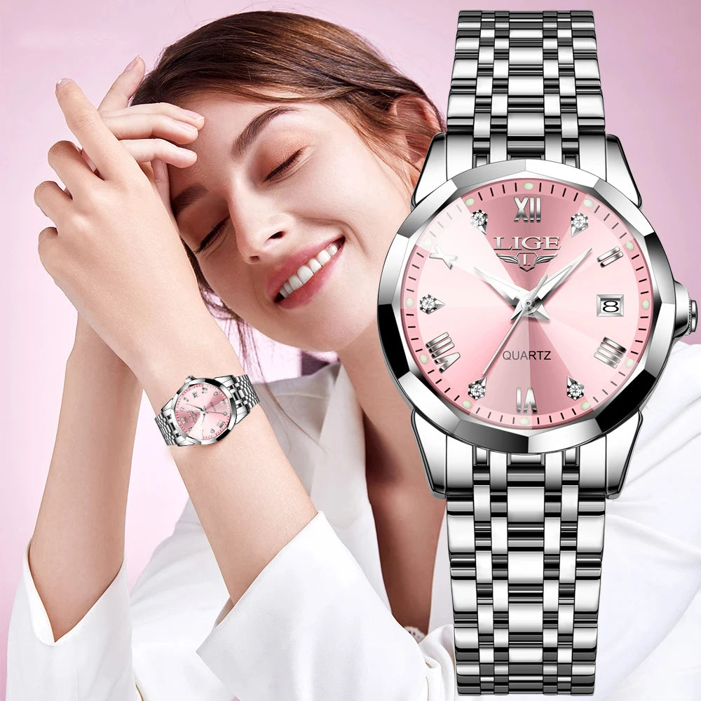 LIGE Creative Watch Women's Watches Fashion Waterproof Date Women's Quartz Wristwatch Top Brand Luxury Bracelet Watch For Girls