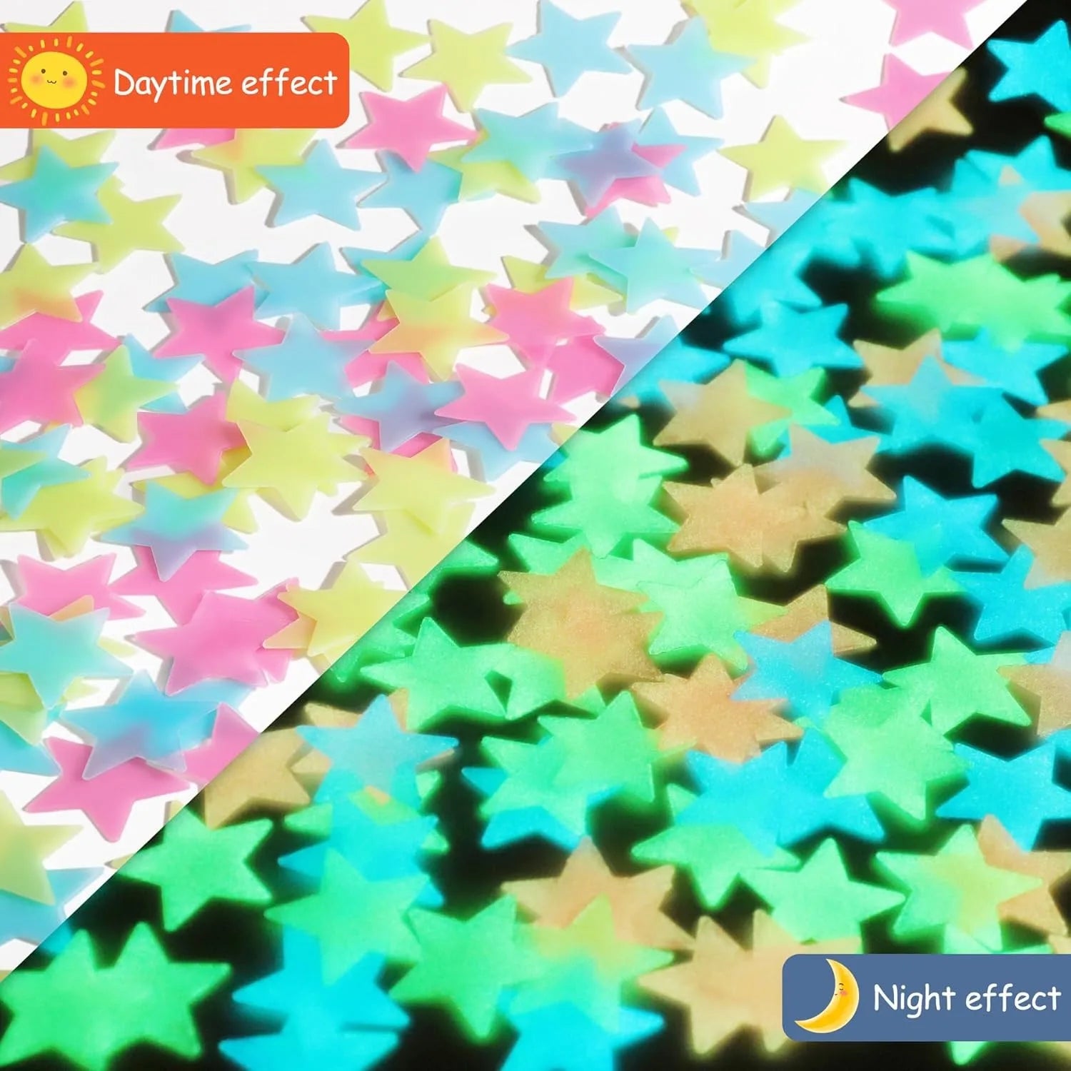 100pcs Glow in The Dark Luminous Stars Fluorescent Noctilucent Plastic Stars Wall Stickers Glowing Stars Decals for Home Art Decor Nursery Ceiling Kids Babys Bedroom Room Multicolor