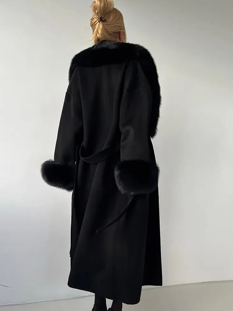 Retro Black Fur Patchwork Woolen Coat Women Chic Full Sleeve V-neck Lace Up Loose Overcoat 2025 Lady Winter Commute Outerwear