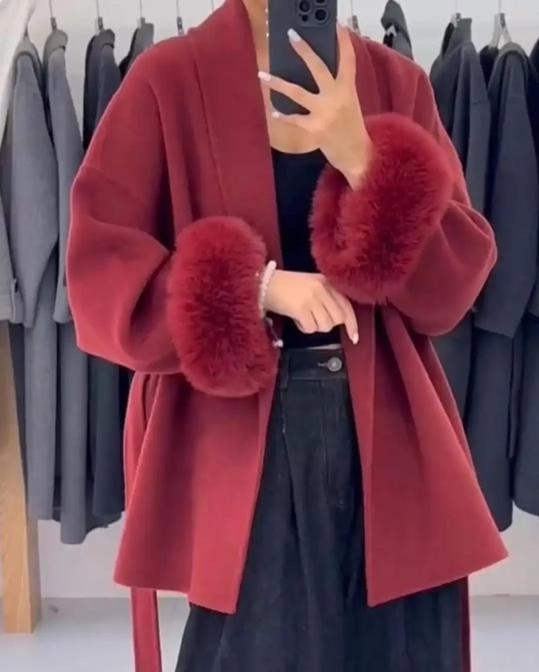 Retro Black Fur Patchwork Woolen Coat Women Chic Full Sleeve V-neck Lace Up Loose Overcoat 2025 Lady Winter Commute Outerwear