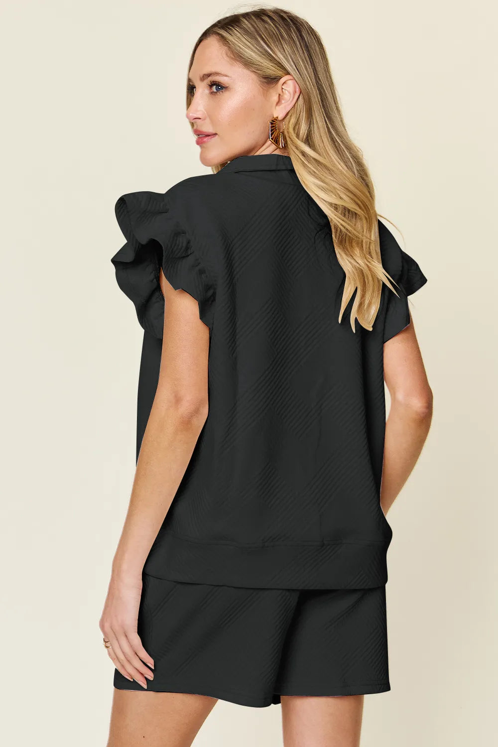 Flounce Sleeve Top and Drawstring Shorts Set - GT Elegance
