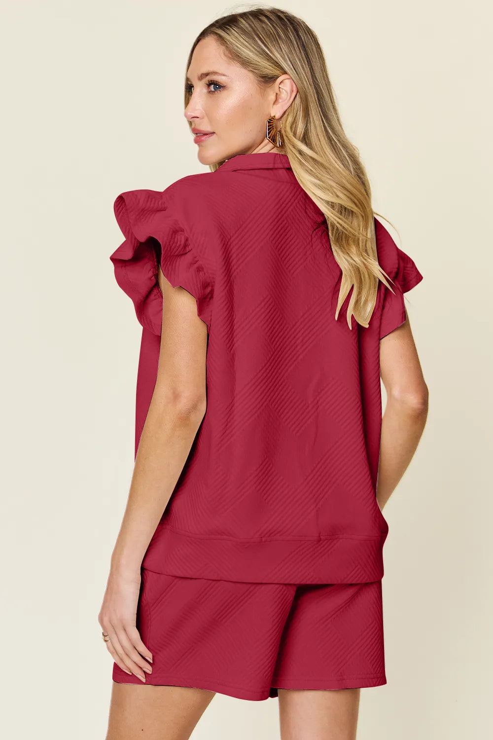 Flounce Sleeve Top and Drawstring Shorts Set - GT Elegance