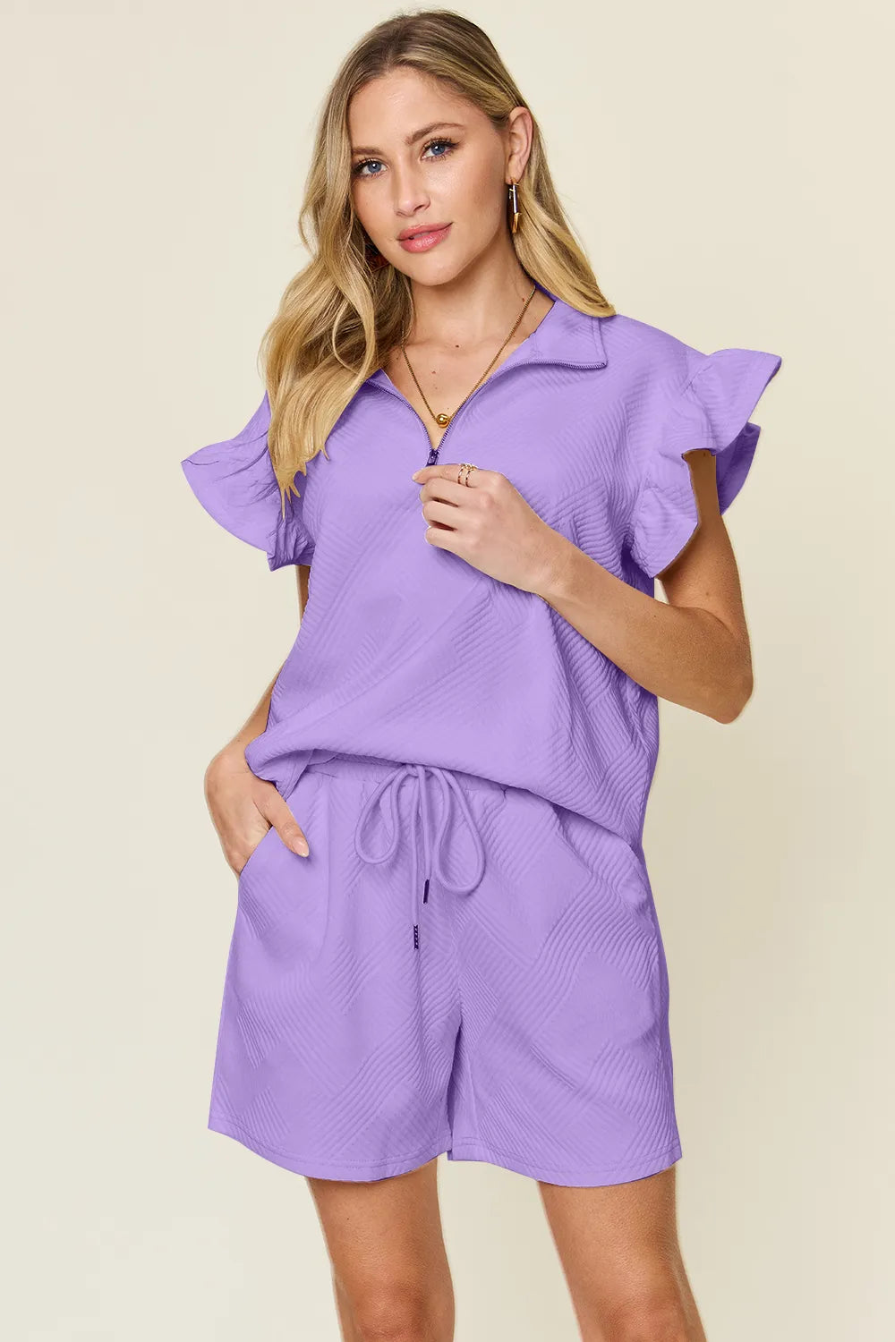 Flounce Sleeve Top and Drawstring Shorts Set - GT Elegance