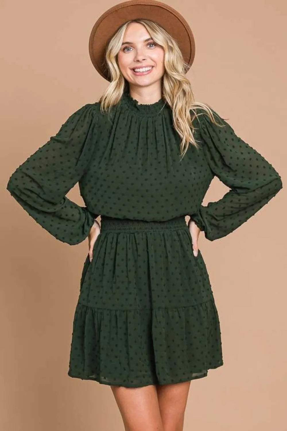 Swiss Dot Smock Neck Mini Dress with Pockets - GT Elegance