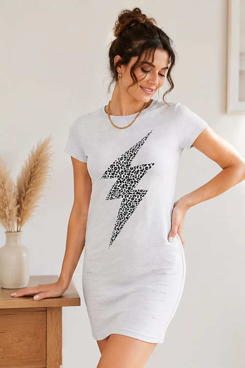 Double Take Leopard Lightning Graphic Tee Dress - GT Elegance