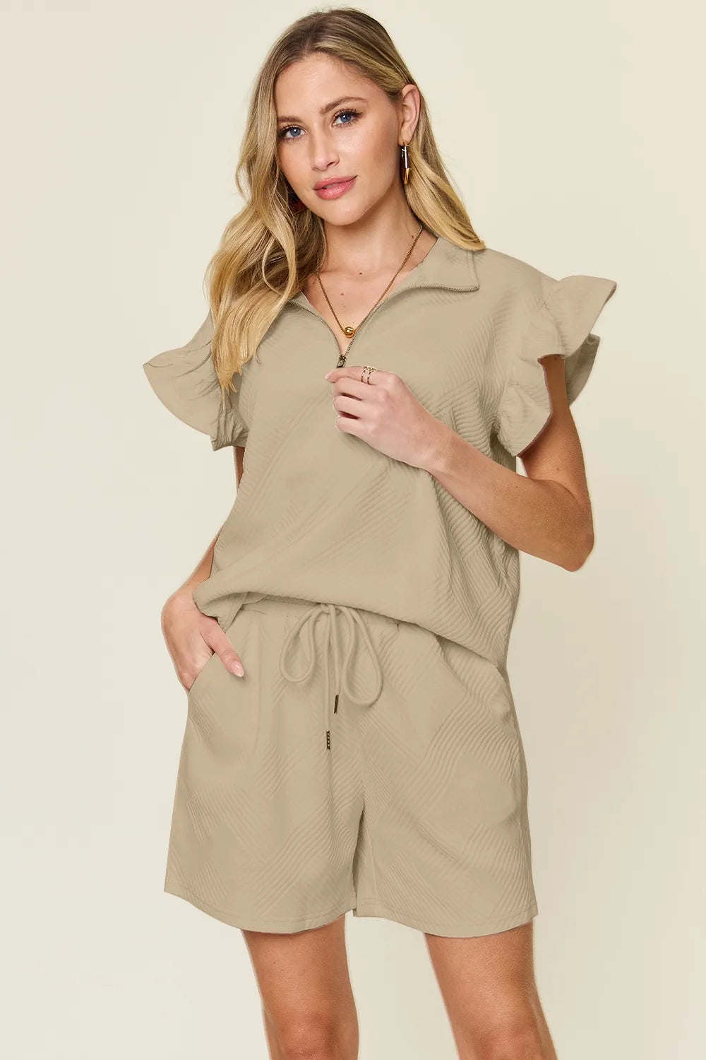 Flounce Sleeve Top and Drawstring Shorts Set - GT Elegance