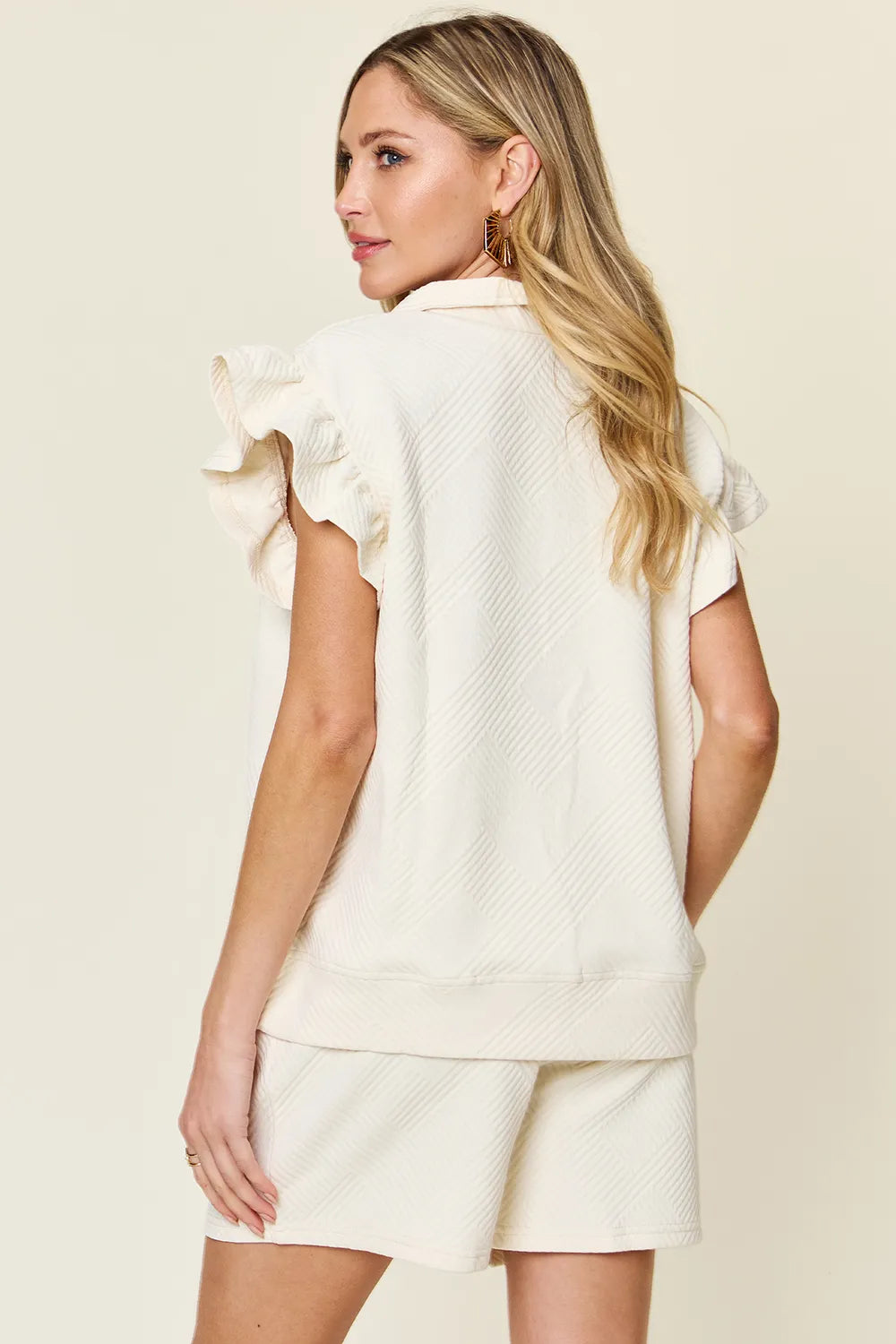 Flounce Sleeve Top and Drawstring Shorts Set - GT Elegance