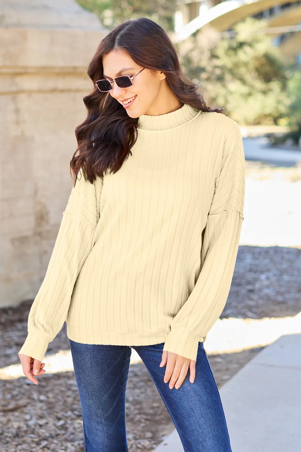 Basic Bae Full Size Ribbed Exposed Seam Mock Neck Knit Top - GT Elegance