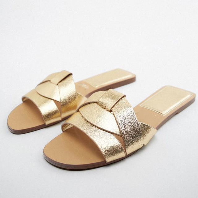 Casual Women's Gold Open Toe Leather Flat Sandals